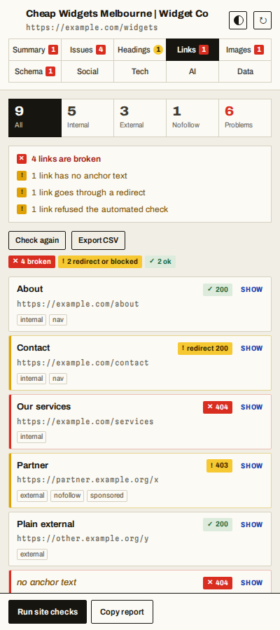 Links with status checked